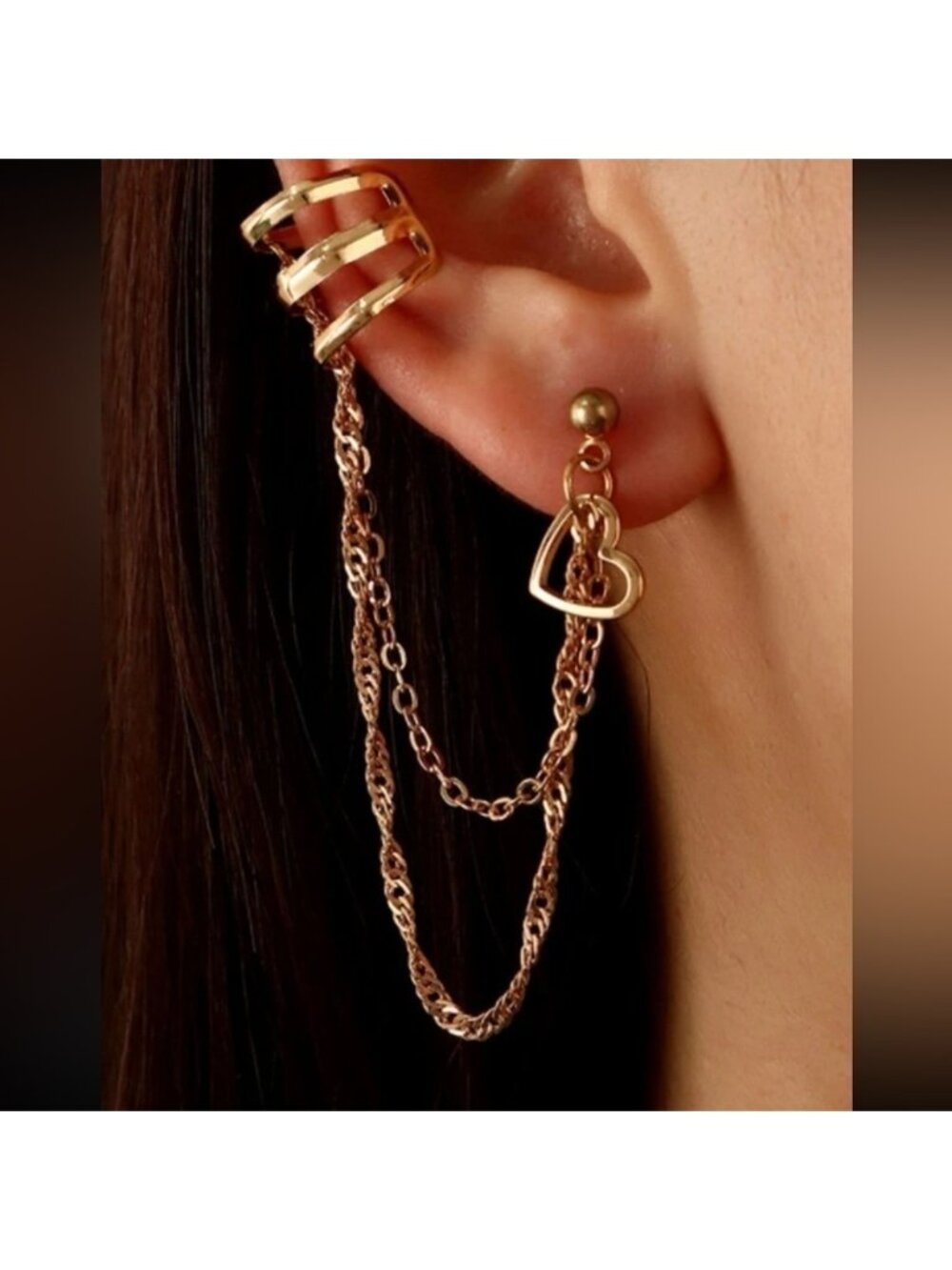 Gold 3/$30 1pc Heart Linked Chain Ear Cuff Earring